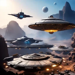 (bokeh scene) Custom bajoran starship landing in the platform over the mine of the planet, seen from the top with a lot of smaller different ships and miners