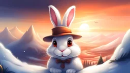 Draw me a picture in a realistic cartoon style of a white rabbit with a hat and smiling standing on top of a snowy mountain with an island village behind him and a beautiful sunset.