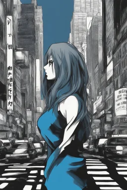 a anime painting: nake woman , gray-black-white-blue colors New York