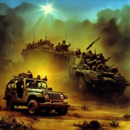 vietnam war. war report. jeep in jungle. poster. bokeh. lens flare. warm lights. high detailed. beksinski