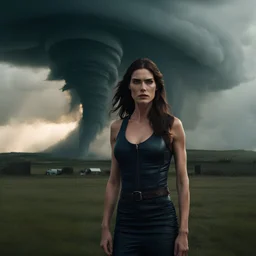 32k uhd, hilary rhoda standing in front of tornado, cursed by satan, horror movie, horrorpunk, by james cameron, photoreal, full length, 85mm, F1.4, Cinestill 800T, 8k, high quality, photo realistic, shallow depth of field, photorealistic masterpiece, cinematic lighting, lovely bokeh,