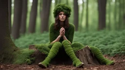 woman made of tiny green leaves, legs and arms made from branches, sitting next to a tree stump, in a green wood