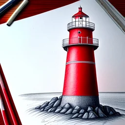 A metallic colored pencil drawing of the red lighthouse Sletringen Lighthouse in Norway