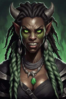 generate a dungeons and dragons character portrait of a female beast-human hybrid with black skin, dreadlocks, green piercing eyes, fangs and a thick nose. She is wearing black clothes and has tusks