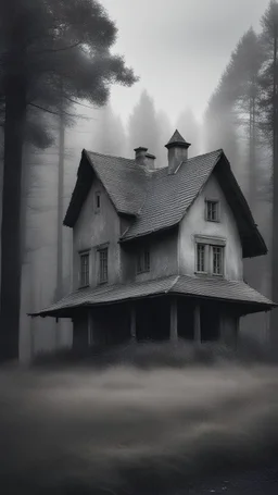 There is an old house against the background of the forest, gray tones, gloomy style