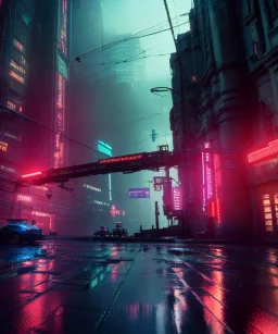 3D, beautiful, light reflecting, empty city, midnight, rainy night, neon, cyberpunk,