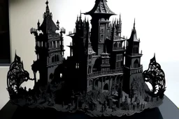 A black clockwork castle with a stronghold designed in Javanese shadow puppets