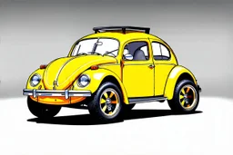 volks wagen beetle , classic model, paint shining yellow, big wheels, aeodinamic kit, , style cartoon