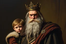 Oil painting, volume light, Portrait of Grima Wormtongue and his son standing behind the king.