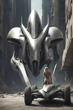 a photorealistic sleek, long, silver spaceship sitting in the street of a dystopian futuristic ruined alien city, with a woman in a silver suit, standing in front