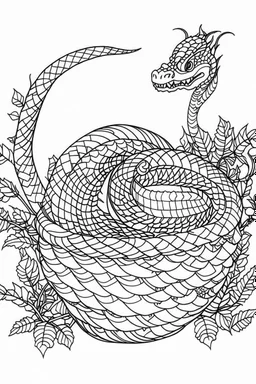 Outline art for coloring page, RATTLESNAKE TAIL IN A GROOVY BASKET, coloring page, white background, Sketch style, only use outline, clean line art, white background, no shadows, no shading, no color, clear