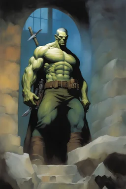 Frankenstein, The Punisher, extremely tall, 6'6" 250lbs, thick, muscular, crew-cut blonde hair, blue eyes - multicolored watercolor stained wall in the background, in the art style of Boris Vallejo, Frank Frazetta, Julie bell, Caravaggio, Rembrandt, Michelangelo, Picasso, Gilbert Stuart, Gerald Brom, Thomas Kinkade, Neal Adams - professional quality studio 8x10 UHD Digital photograph by Scott Kendall - paint splattered wall in the background, multicolored overhead spotlight, Photorealistic, rea