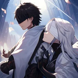 Girl with white hair wearing white robes and a blindfold. Boy with black hair wearing leather armor