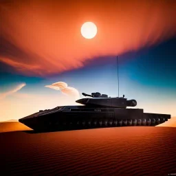 volumetric Wide desert view with futuristic hovering military armored tank painted by chris foss, floating, hover, 4k, 8k, [hovercraft] Minutiae, highly detailed, render, rivets, hovering, stripes, sunset duststorm, nimbus clouds