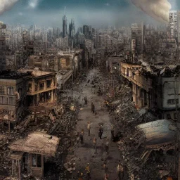 close view of the world after nuclear war, realistic, nuclear explosion, war-torn city, people wander around in shock, detailed matte, sharp, crisp, 8k, high-quality, fine-detail, brian froud, howard lyon, selina french, anna dittmann, annie stokes, lisa parker, greg rutowski,