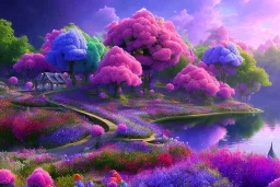 monde en fleurs, blue lake, flower tree-houses, concept art, crépuscule , fuksia bleu oranger, vibrant Color, réaliste, riviere bleu, tree-house bougainvillier, roses