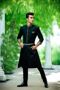 fullbody shot of young- tajik man-with-a-perfect-face standing in green trees