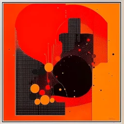 diffused cosmic conspiracies, abstract art, pinpoint light clusters, by Arthur Secunda and Victor Pasmore, silkscreened mind-bending abstractist metal etching, asymmetric, cigarette burn textures, violent orange and black colors of differing hues, orange monocolor