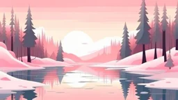 cartoon illustration: ice frozen lake with pines and pink sky