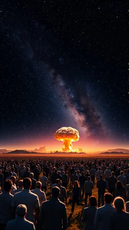 A field of random people in a bright lighting , at the end of the picture the universe with stars sky in a dark background with a huge nuke explosion
