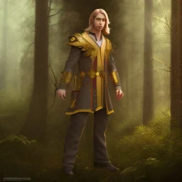 Male, Human, Blond, Sorcerer, Fire Mage, Golden Eyes, Young, Photorealism, Full Body Shot, Forest Background