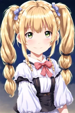 girl in costume with blonde hair and two pigtails, anime style