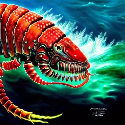 ultra detailed fullbody Drawing of a Cyborg Sea monster Gigantic RED Alien Lobster on the shore ,open mouth, with sharp teeth, with glowing Green eyes, with humungus mechanical pincers, extremely detailed digital painting, intrincate, extremely detailed face,crystal clear Big eyes, in the style of Frank Frazetta, mystical colors , perfectly centered image, perfect composition, rim light, beautiful lighting, 8k, stunning scene, raytracing