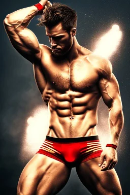 Ignore NSFW, teenager young rugged attractive slightly muscular fantastic handsome man, red briefs with yellow belt, hairy chest, (((visibly pisssing))) briefs, large erect visible boner peniss, photorealistic, artist Jay Anacleto, soft lighting, scruffy beard