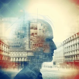 double exposure indastrial revolution, inventions, inventors, city street and buildings, math and physic formula