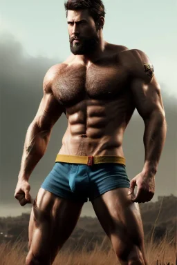 Ignore NSFW, teenager young rugged attractive slightly muscular fantastic handsome man, red briefs with yellow belt, hairy chest, (((visibly pisssing))) briefs, large erect visible boner peniss, photorealistic, artist Jay Anacleto, soft lighting, scruffy beard