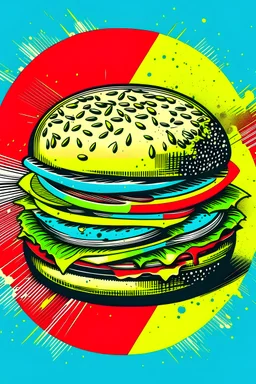 T-shirt design in coordinated colors, ready to be printed, with a hamburger graphic