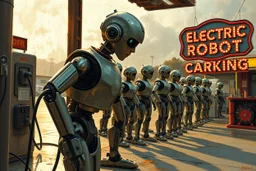 A cinematic wide-angle oil painting of a humanoid robot plugging a thick electric charging cable into its torso port at a futuristic charging station within a retro-style gas station. A long line of identical humanoid robots stands patiently behind, waiting for their turn to recharge. A large vintage-style sign to the side reads 'Electric Robot Charging Station.' The scene is bathed in golden-hour lighting, with rich, noisy colors, expressive thick brushstrokes, intricate steampunk elements, glo