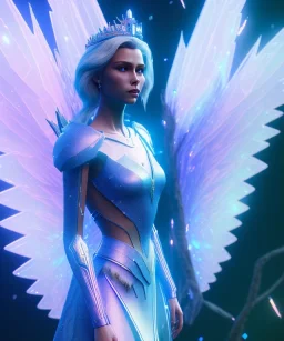 A crystalised queen, atmospheric, realistic, unreal engine, cinematic lighting, octane render. blue, pink, transparency, light, shine,bright, full body, transparent wings, blonde, long hair, nice smile