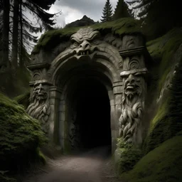 High resolution image of a weathered carved stone tunnel entrance shaped like a Demonic mouth, on the side of a forested hill.