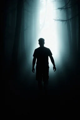 a man walking in the dark. He go to the light. light is heavenly beautiful. Make the picture asthetic.not to dark. . He walking in the deep forest to the door of light. I was like he using some portal with light.the light should be front him.not above him.