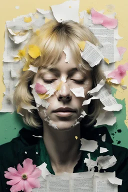 on old yellow, torn paper, gouache, double exposure, portrait of a woman, blonde with bangs, closed eyes, 45 years old, blots, splashes, newspaper scraps, chamomile flowers, pink petals, green leaves, branches, 8K