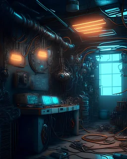 Futuristic gadget room made with engine parts and wires dysoptia cyberage HAWKEN postapocalyptic dysoptia scene photorealistic uhd 8k VRAY highly detailed HDR