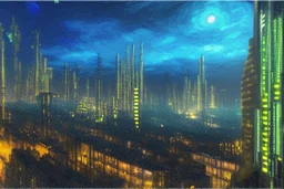 Night, cyberpunk buildings in the mountains, tendency to science fiction, realistic vision, impressionism painting