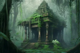 An old wooden Hindu temple overgrown with vines, in a forest, mist