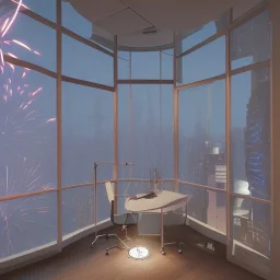 3d render of lawyer office, showing through the windows the new year fireworks outside, at night, hyper realistic, 4k