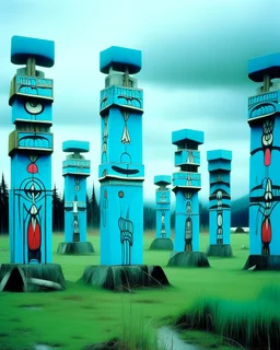 A cyan fortress in a thunderstorm designed in Pacific Northwest totem poles painted by Andy Warhol