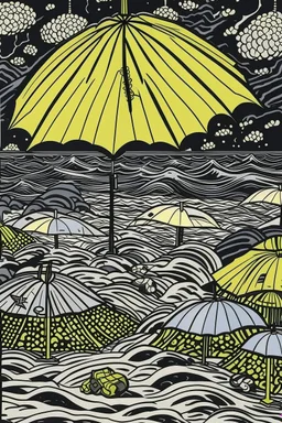 A dark gray otherworldly coast with umbrellas in Yamato-e art style painted by Roy Lichtenstein