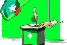 Make a illustration in which a Pakistani casting his voter and show his thumb with ink and also show the ECP Pakistan ballot box. In the background show the Pakistan flag