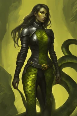 a female humanoid snake, wearing a black leather armor, green scales, yellow eyes