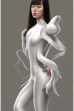 portrait of a tall, thin, Asian girl with long hair, and a heavy fringe, and large amber eyes, in a white catsuit