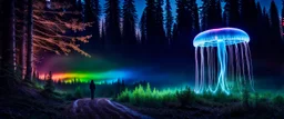 Bigfoot investigating, closeup, giant bio luminous Rainbow floating high JellyFish, light floating in a forest, mist, light trails, nighttime, long exposure, Treeline, Alberta, scientist, Dystopian, Hyper detailed, Realistic, Extreme depth of field, bokeh blur, Alberta all-natural, National Geographic, in the style of candid, imperfection, natural lighting, cinematic, Fuji Film, Anamorphic lens, 2040s, --ar 4:5 --w 150 --style ra