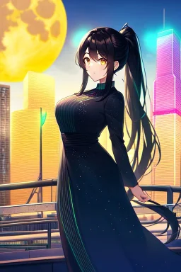 girl, masterpiece, best quality, cinematic lighting, detailed outfit, perfect eyes, black hair, golden eyes, long hair, ponytail, girl standing in a modern cityscape at night with a bright yellow moon in the background, detailed cityscape illustration, neon lights, vibrant colors, dramatic lighting,