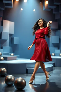 a pretty stage made of metallic blue-gray teme 3d recursive cubic and sphere base structures and a beautiful fashion model lady dancing with joy and cute ,with dark red top and pretty pleated midi skirt ,makeup curvy long hair,dynamic camera zoom to full body and pan, dynamic lights.