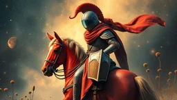 red knight with on horse with a spaceman hat in a stars in the background and plants of out of this world galaxy