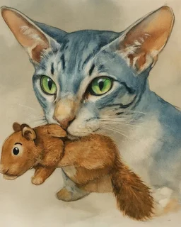 close up portrait of a airbrushed watercolor 26 chalk, a oriental shorthair blue and white tabby cat, with vivid green eyes, playing with a brown and tan stuffed toy squirrel. He has it in his mouth. the background is soft tones of gray and beige.